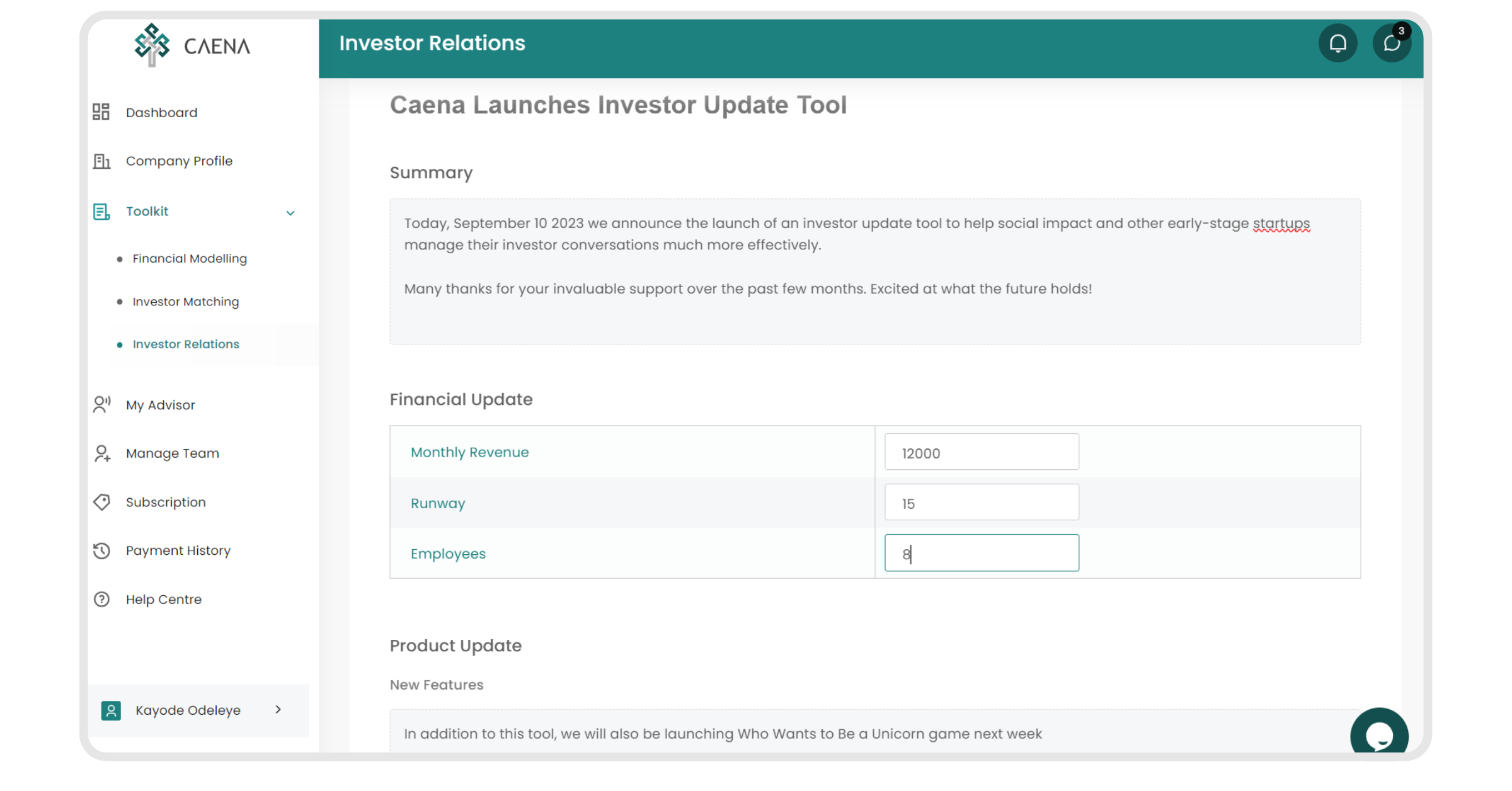 Caena Introduces Investor Updates